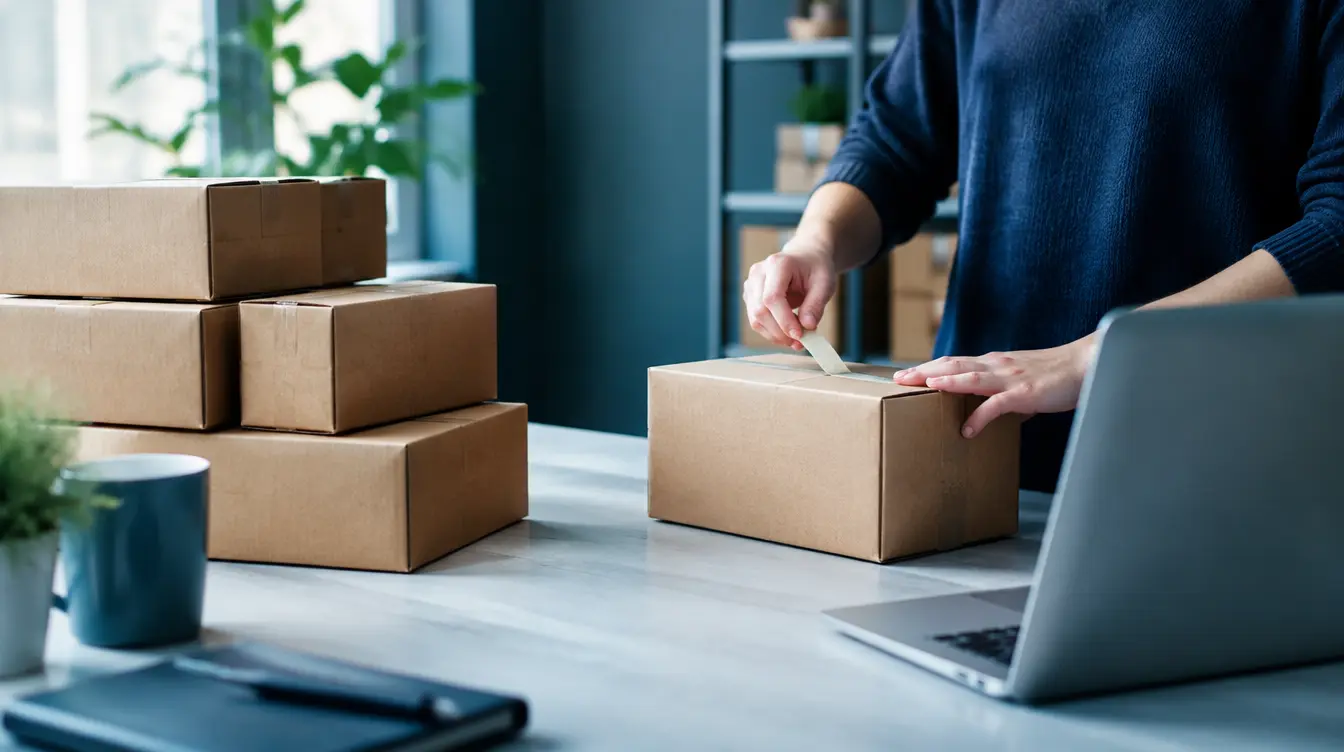 Packing parcels for shipping beside a laptop in an online store workspace