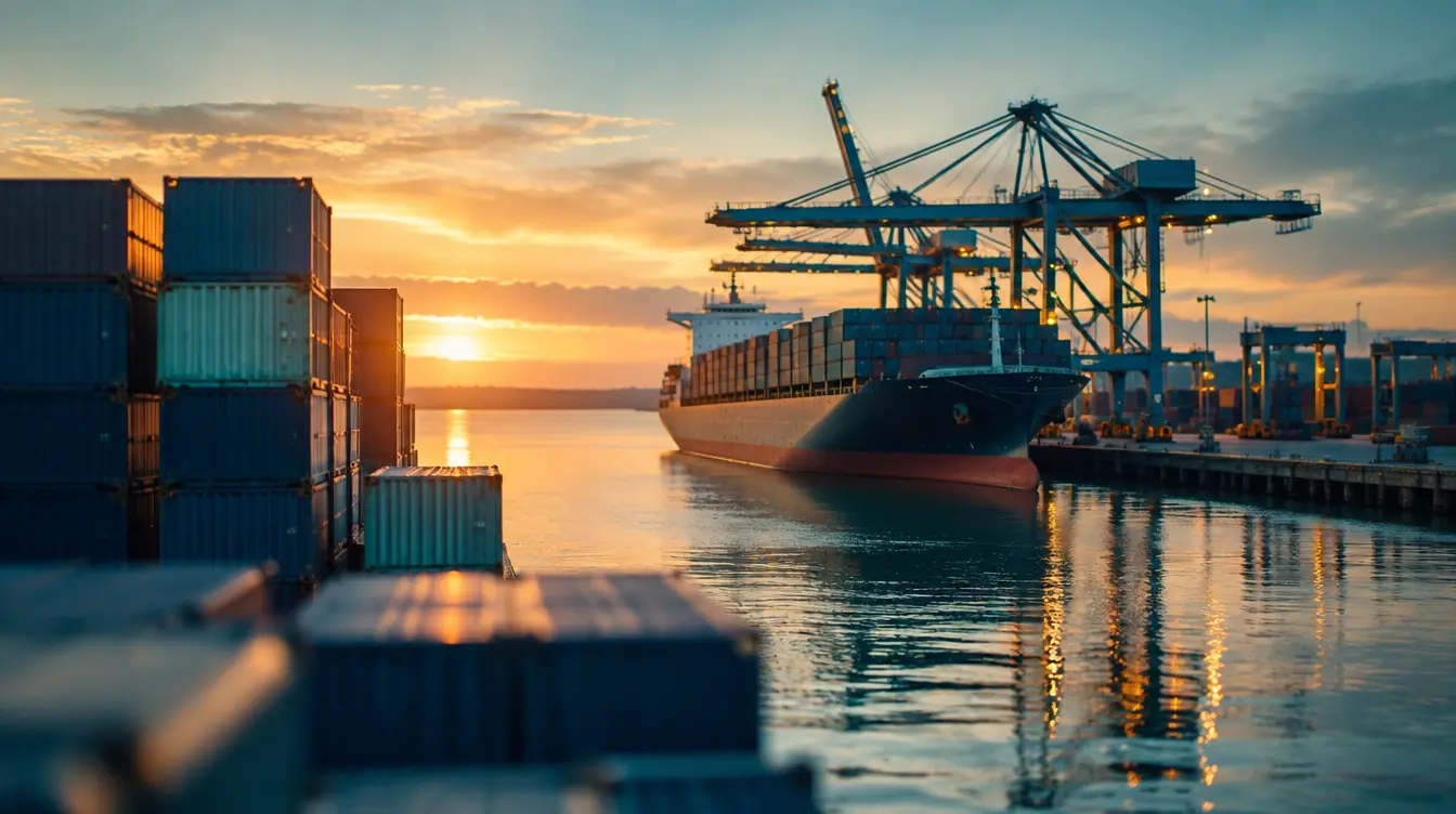 Container port at golden hour with cargo ship and stacked containers