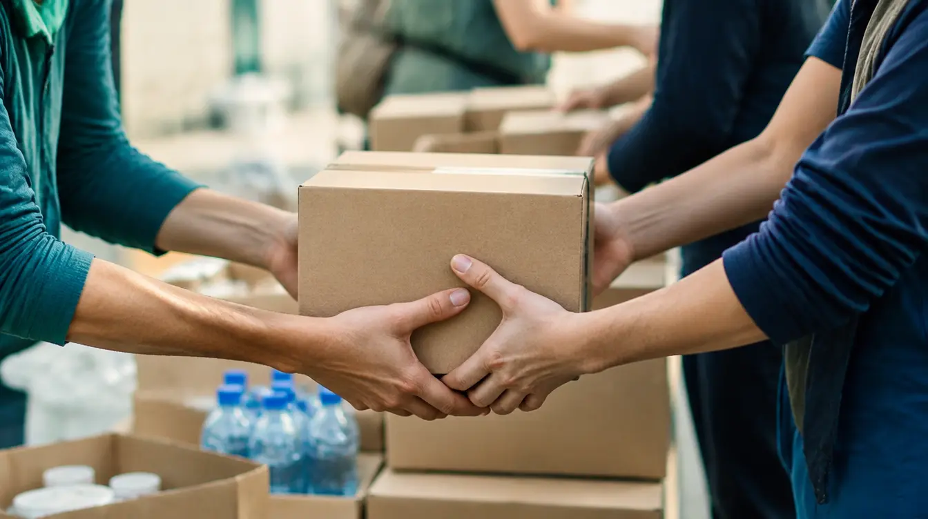 Volunteers passing boxes of supplies in a community aid setting