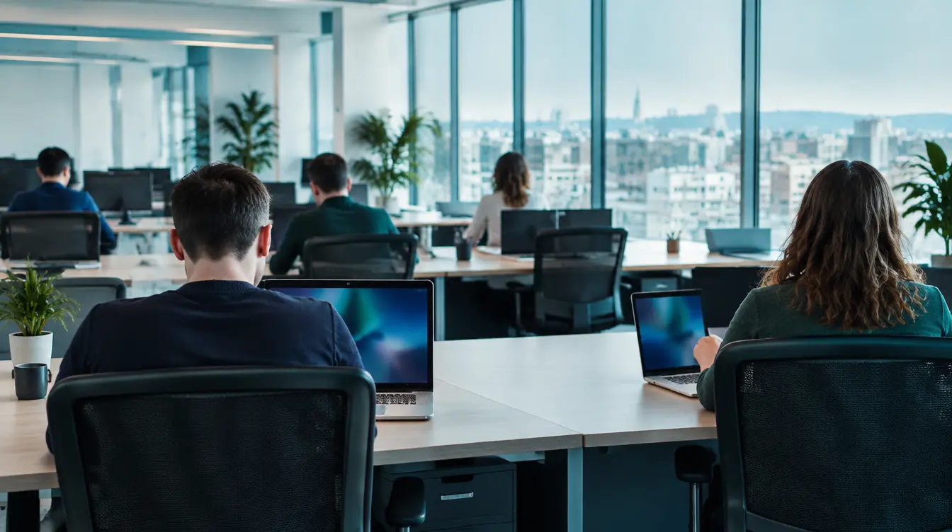 Bright modern software office with developers working at their desks