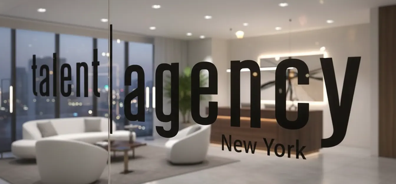 Talent agency glass door and lounge with a city skyline view at dusk