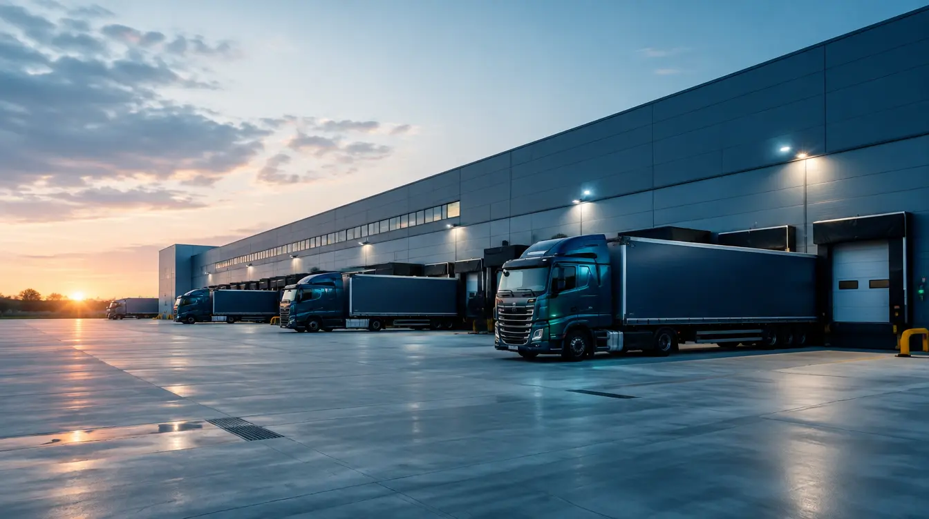 Logistics warehouse with trucks at loading docks at dawn