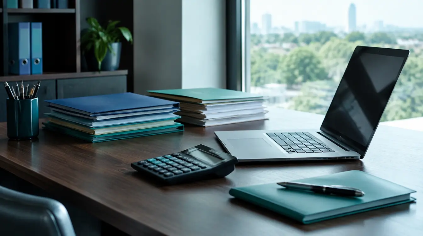 Accountant's desk with calculator, laptop and neat folders