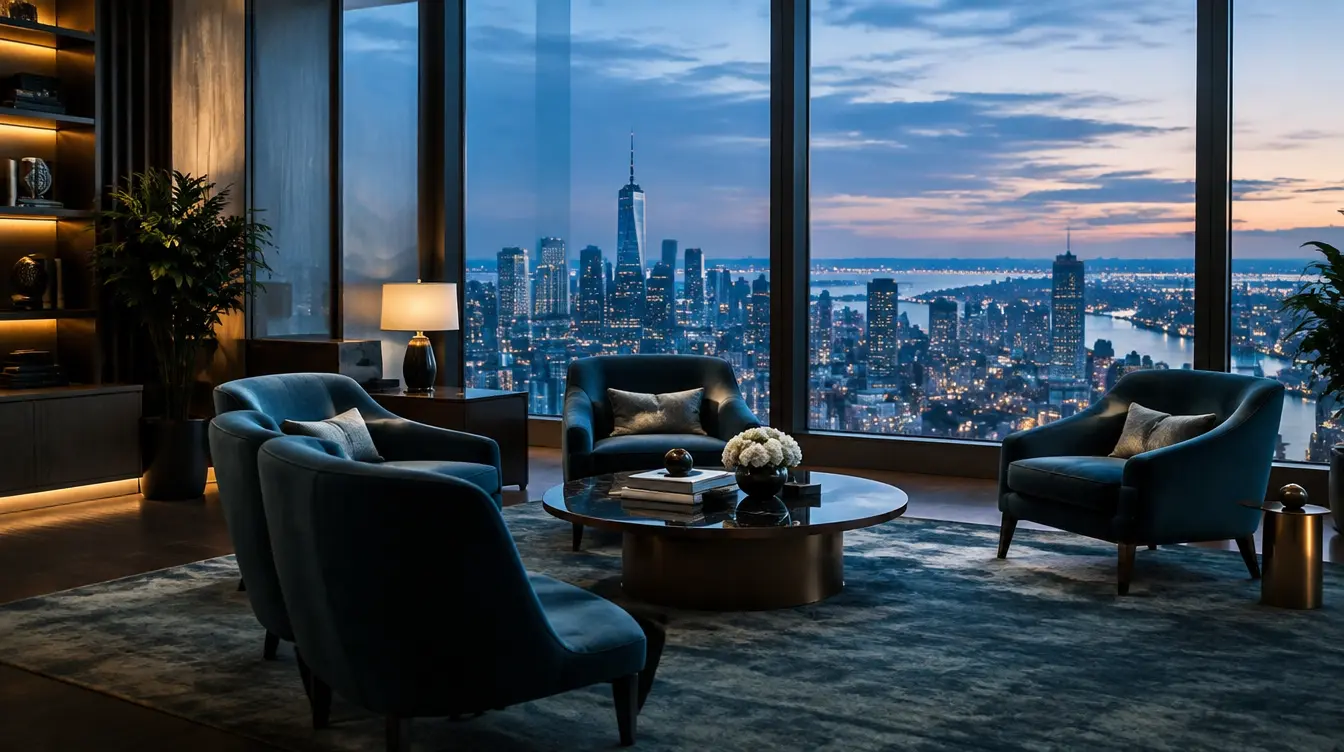 Private advisory lounge with armchairs overlooking a city at twilight