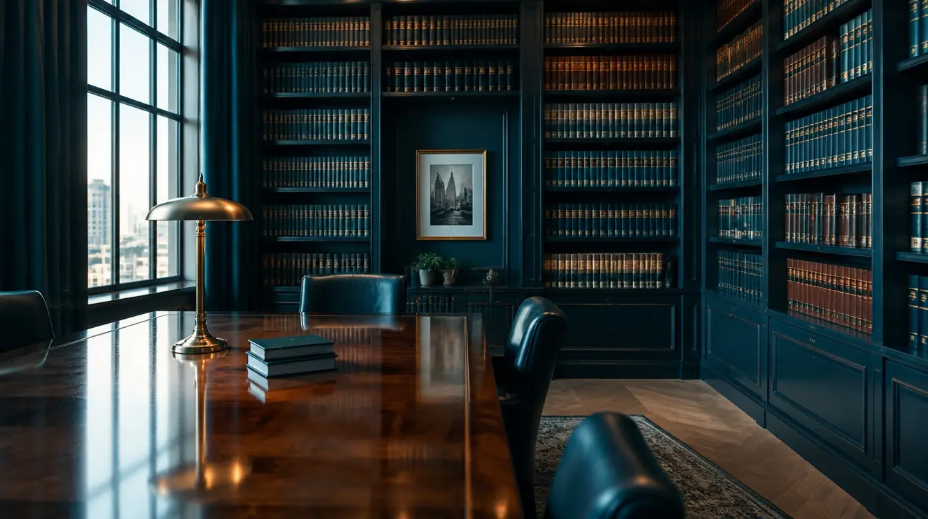 Law firm library with bookshelves and a polished wooden table