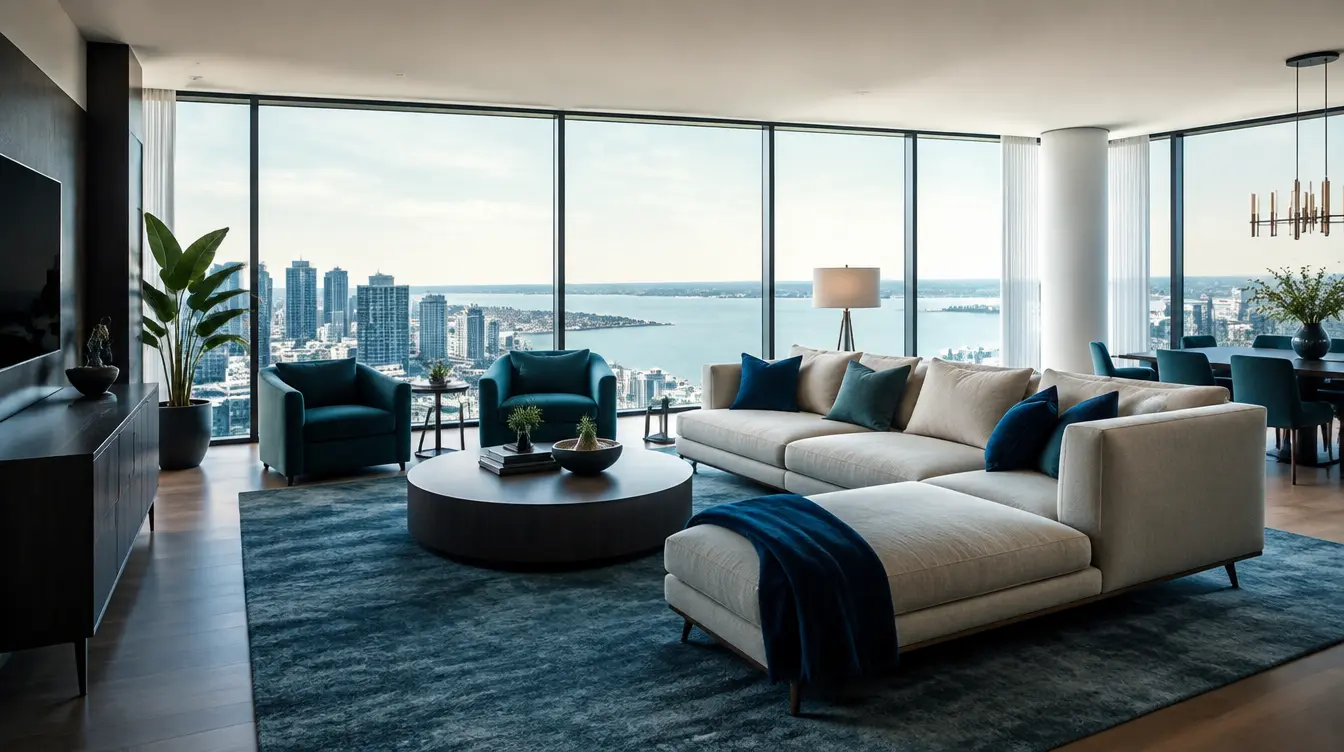 Show apartment living room with floor-to-ceiling windows in a modern development