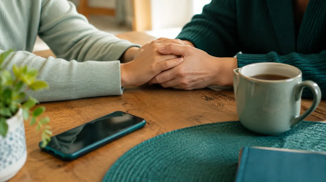 Two people holding hands across a kitchen table with a phone and a cup of tea