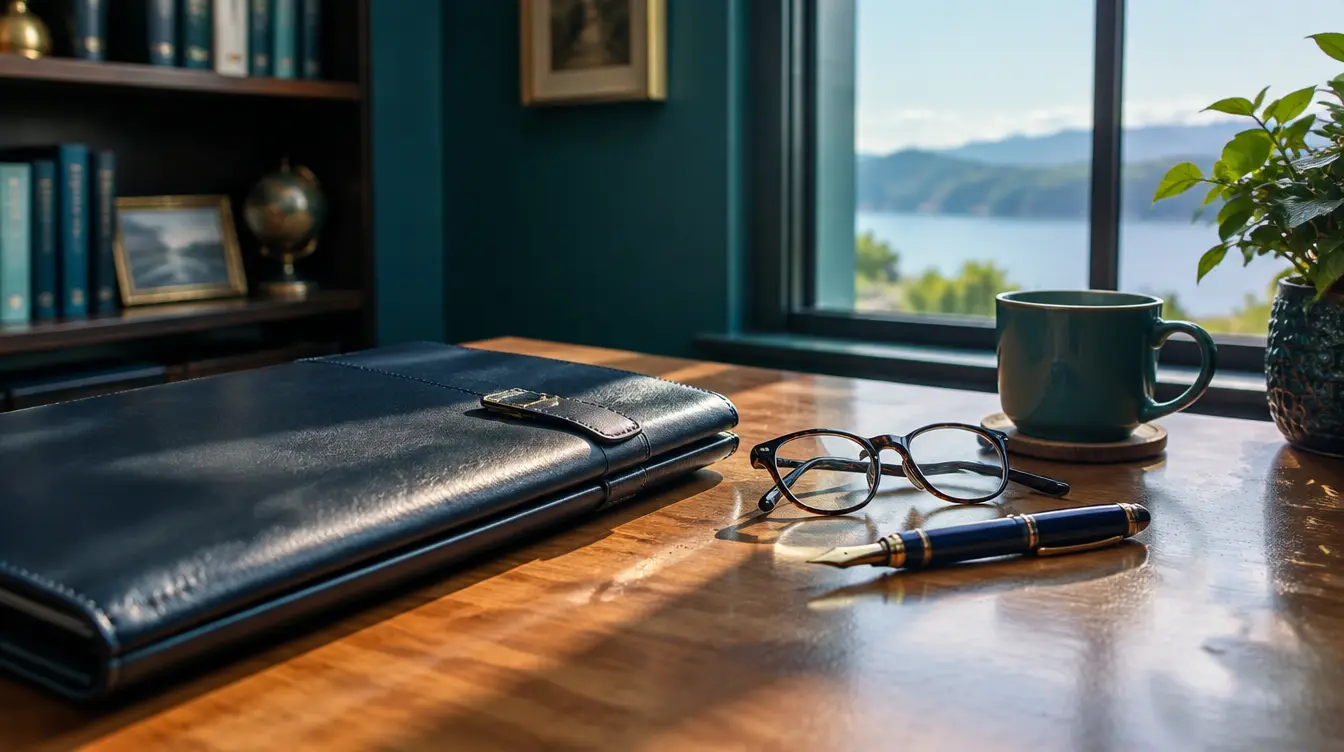 Leather folder, reading glasses and fountain pen on a desk by a sunlit window