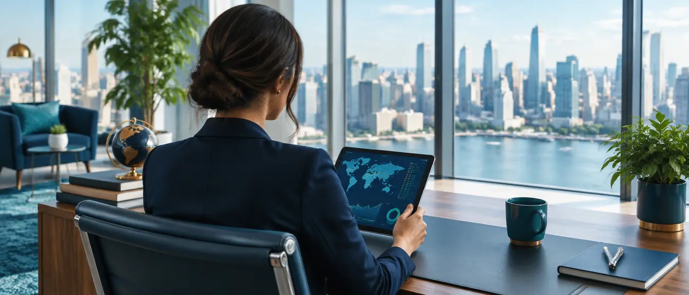 Investor reviewing a global portfolio on a tablet in a bright office with a city view