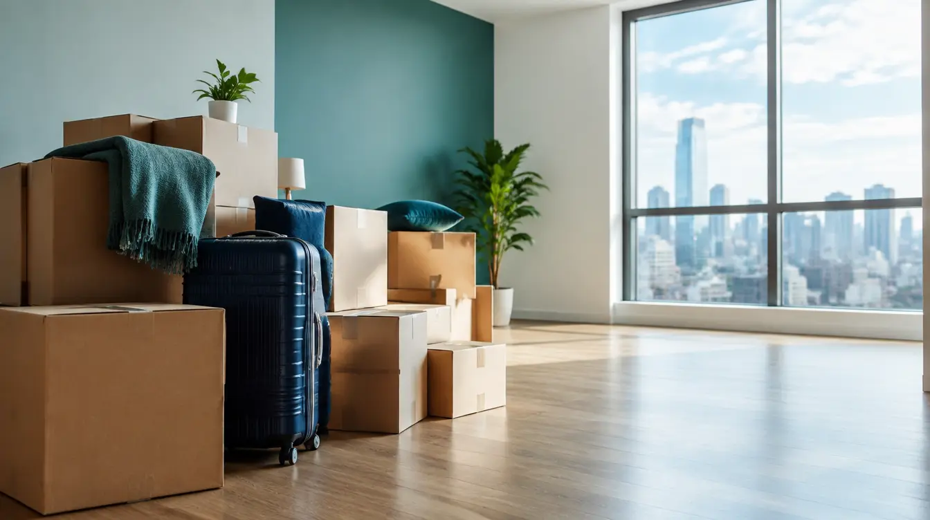 Moving boxes and a suitcase in a bright new apartment with a city view