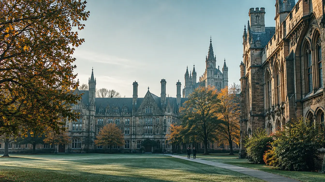 Historic university campus with stone buildings and autumn trees