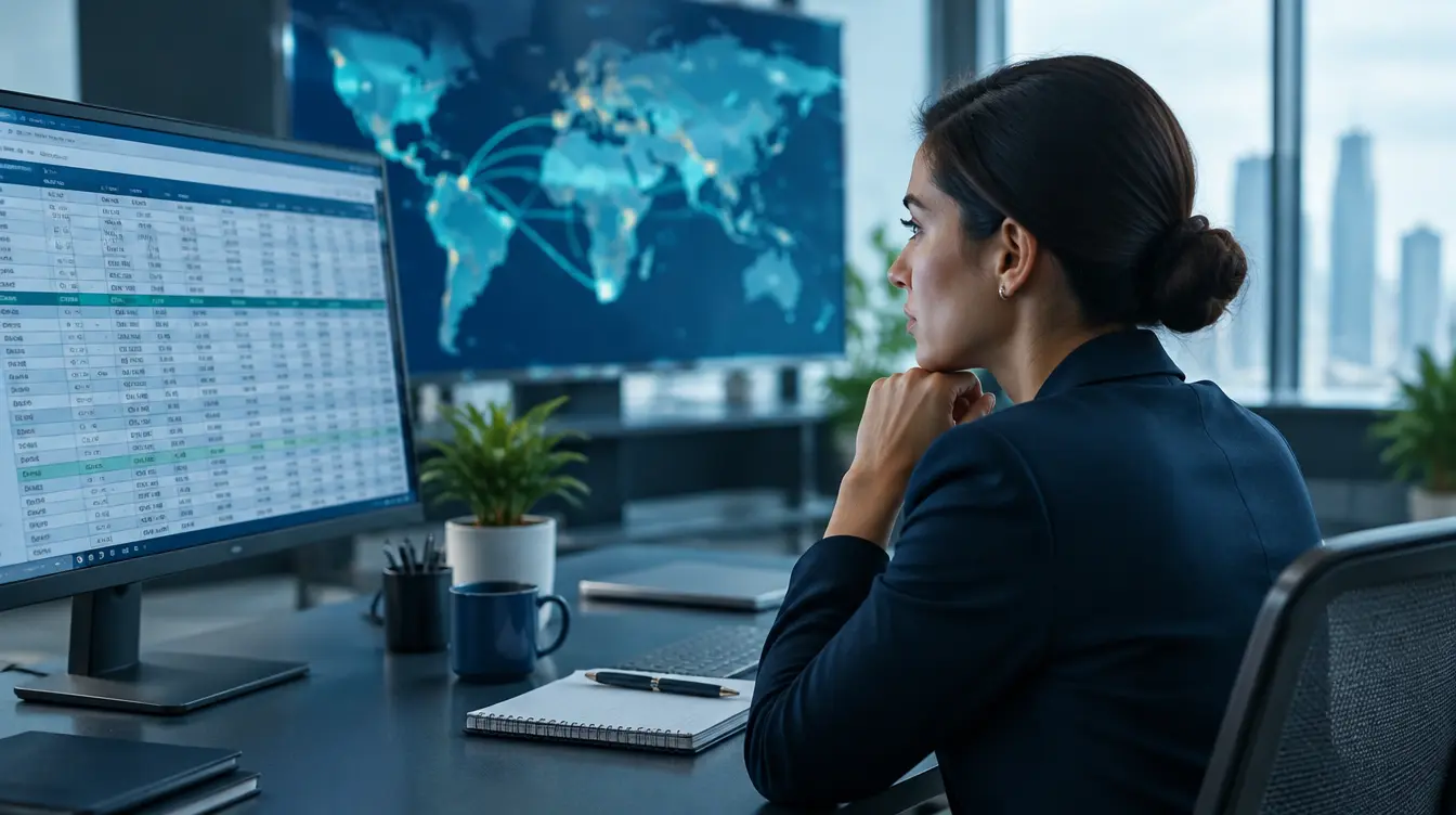 Finance manager reviewing a list of international payments on a large monitor with a world map
