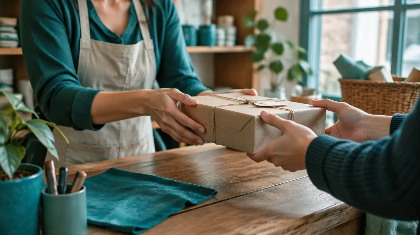 Small business owner handing a parcel across a workshop counter