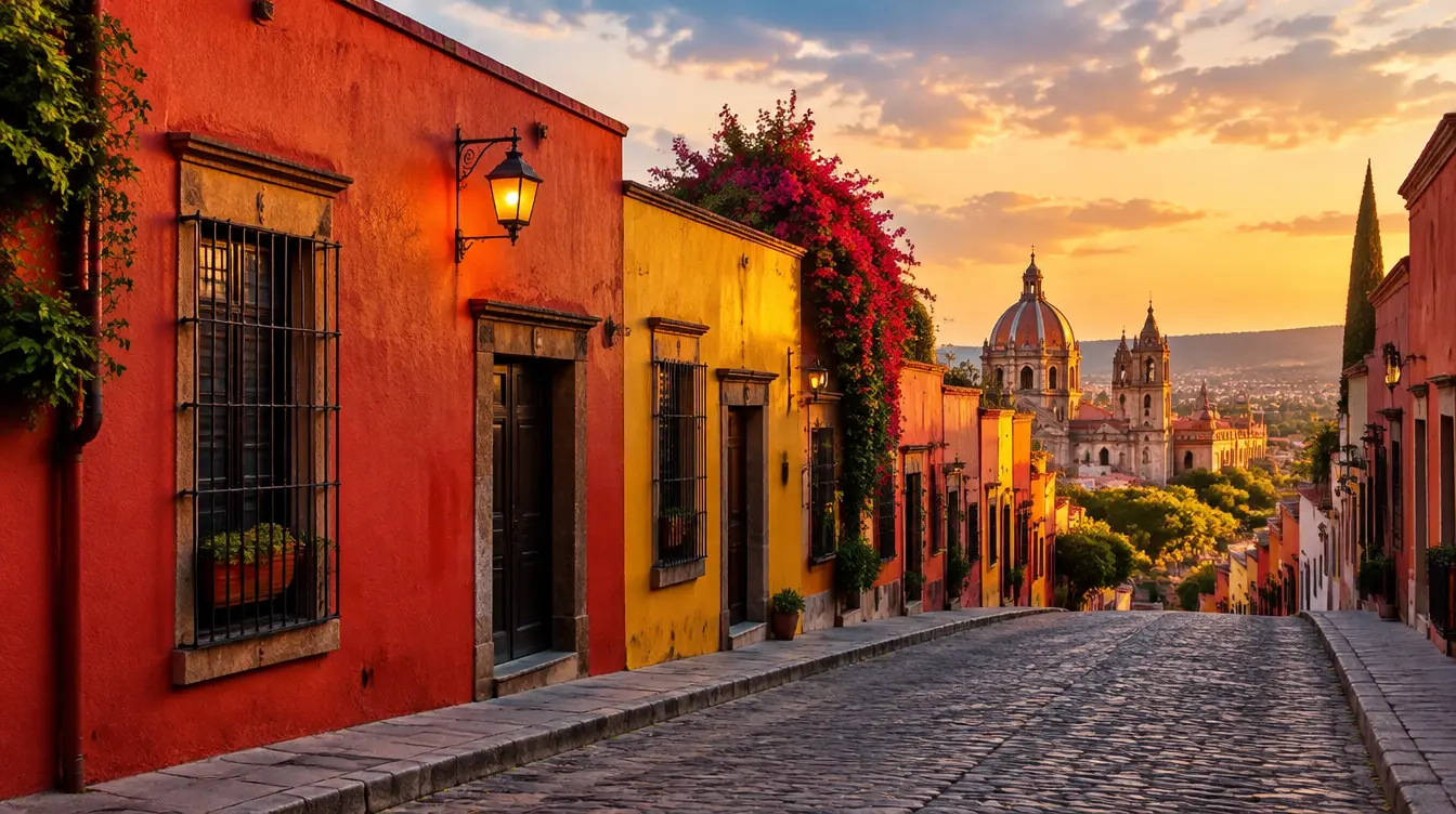 Colourful colonial street in Mexico at sunset