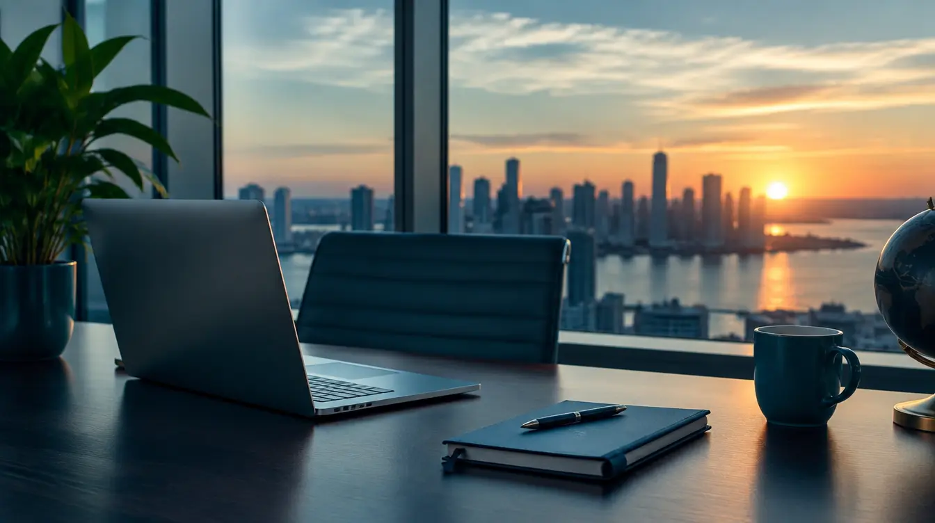 Business desk with a laptop and notebook facing a sunset city skyline