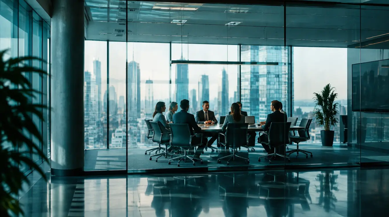 Professionals meeting in a glass office overlooking a city