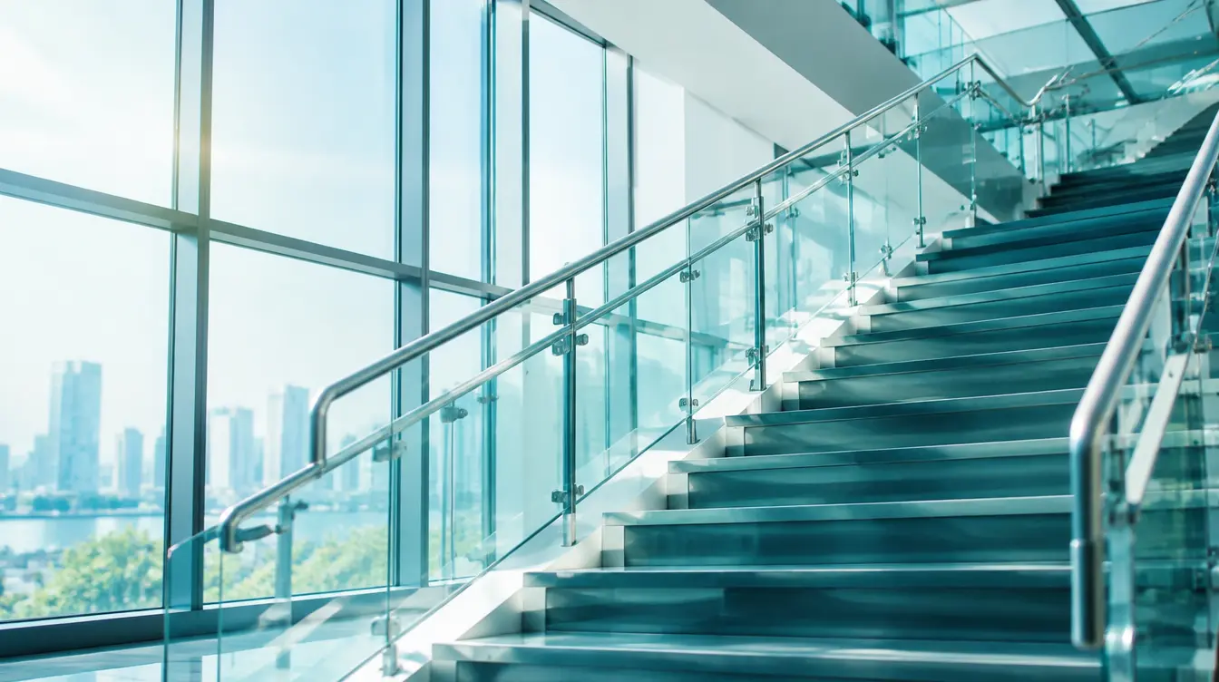 Glass staircase rising through a bright modern atrium
