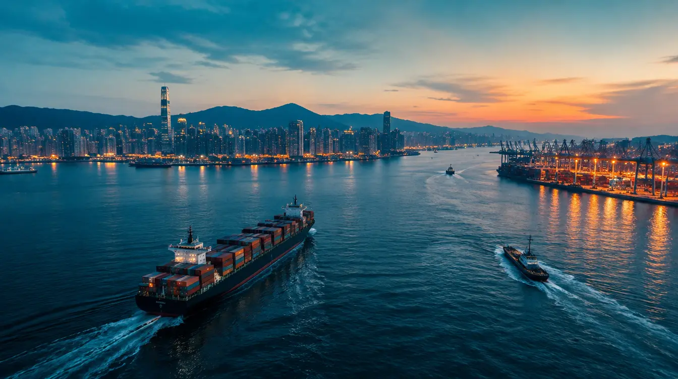 Cargo ship leaving a harbour city at dusk