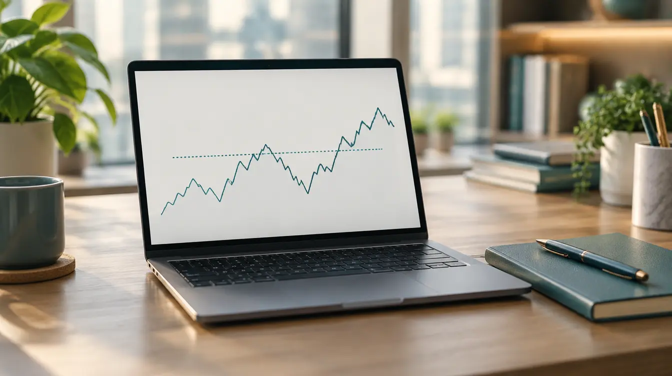 Modern finance desk with a laptop showing a line chart and a horizontal target line