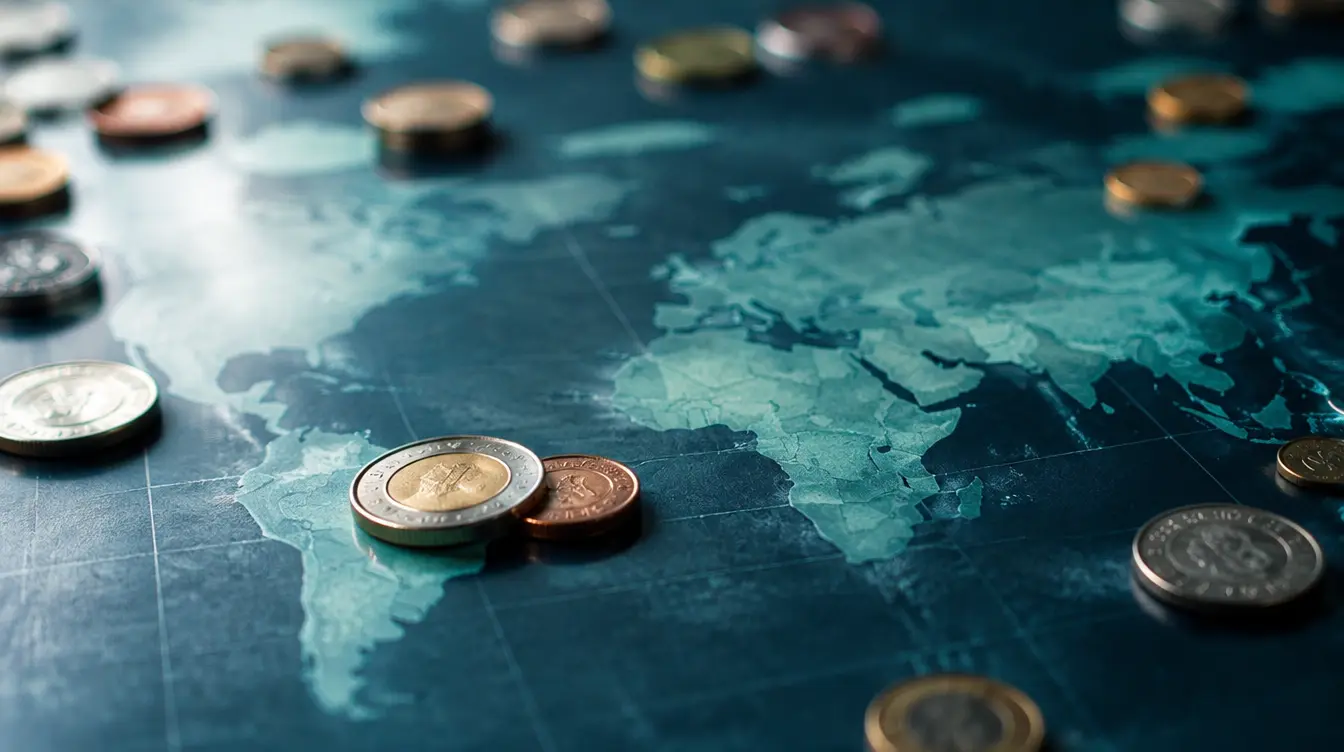 World map with scattered coins from different countries