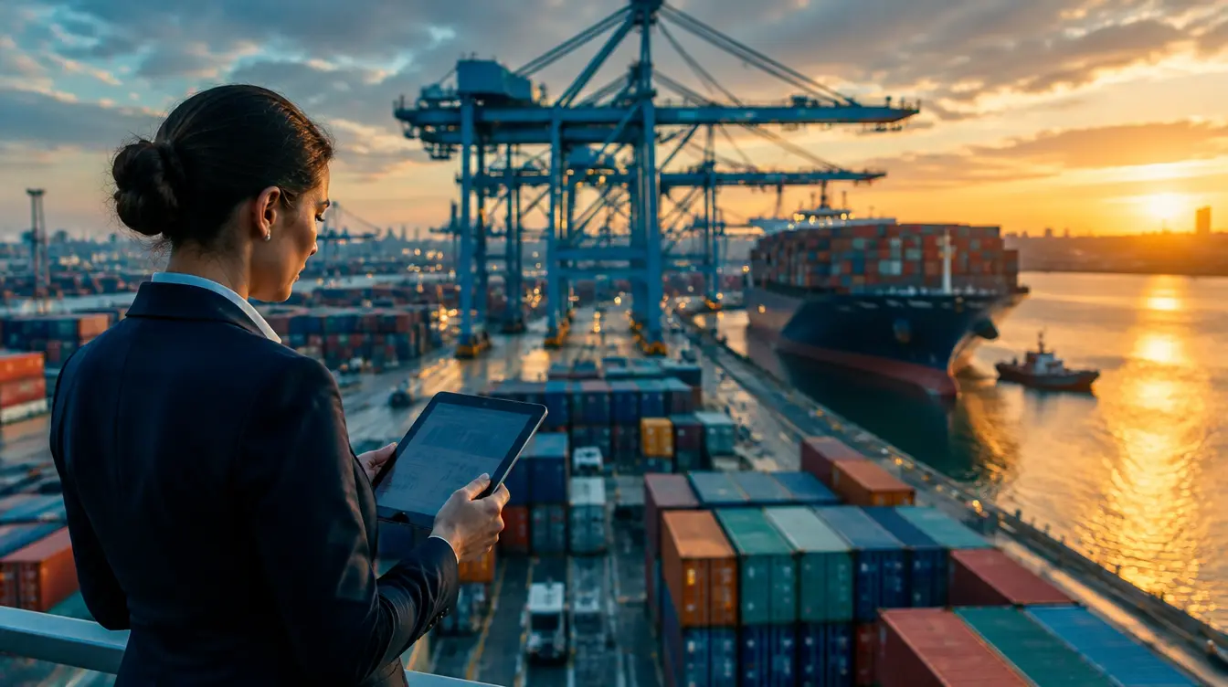 Business person reviewing trade documents on a tablet at a busy container port